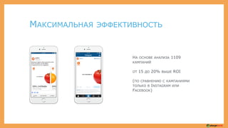 НА ОСНОВЕ АНАЛИЗА 1109
КАМПАНИЙ
ОТ 15 ДО 20% ВЫШЕ ROI
(ПО СРАВНЕНИЮ С КАМПАНИЯМИ
ТОЛЬКО В INSTAGRAM ИЛИ
FACEBOOK)
МАКСИМАЛЬНАЯ ЭФФЕКТИВНОСТЬ
 