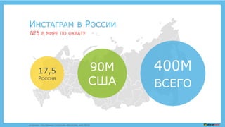ИНСТАГРАМ В РОССИИ
400M
ВСЕГО
17,5
РОССИЯ
90M
США
ИСТОЧНИК: СОБСТВЕННАЯ СТАТИСТИКА ИНСТАГРАМ, МАРТ 2016.
№5 В МИРЕ ПО ОХВАТУ
 