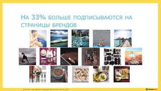 НА 33% БОЛЬШЕ ПОДПИСЫВАЮТСЯ НА
СТРАНИЦЫ БРЕНДОВ
ИСТОЧНИК: СОБСТВЕННАЯ СТАТИСТИКА ИНСТАГРАМ, РОССИЯ, МАРТ
 