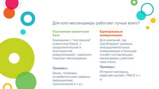 Постоянная клиентская
база
Компаниям с “постоянной”
клиентской базой, с
продолжительной и
многократной
коммуникацией - идеально
подходят мессенджеры.
Примеры:
Банки, телекомы,
потребительские сервисы
(медицинские,
туристические и т.д.)
Для кого мессенджеры работают лучше всего?
Единоразовые
коммуникации
Для компаний, где
преобладают разовые
непродолжительные
коммуникации и большая
онлайн составляющая,
мессенджеры работают
пока плохо.
Примеры:
Интернет-магазины,
оффлайн ритейл, FMCG и т.
д.
 