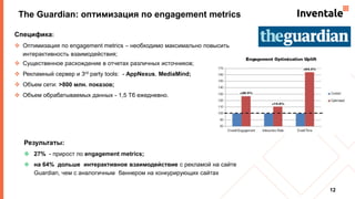 The Guardian: оптимизация по engagement metrics
12
Специфика:
 Оптимизация по engagement metrics – необходимо максимально повысить
интерактивность взаимодействия;
 Существенное расхождение в отчетах различных источников;
 Рекламный сервер и 3rd party tools: - AppNexus, MediaMind;
 Объем сети: >800 млн. показов;
 Объем обрабатываемых данных - 1,5 Тб ежедневно.
Результаты:
 27% - прирост по engagement metrics;
 на 64% дольше интерактивное взаимодействие с рекламой на сайте
Guardian, чем с аналогичным баннером на конкурирующих сайтах
 