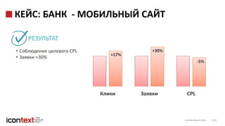 iConText Group © 2016 14
КЕЙС: БАНК - МОБИЛЬНЫЙ САЙТ
РЕЗУЛЬТАТ
• Соблюдение целевого CPL
• Заявки +30%
Клики Заявки CPL
+17%
+30%
-5%
 