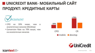 iConText Group © 2016 29
UNICREDIT BANK- МОБИЛЬНЫЙ САЙТ
ПРОДУКТ: КРЕДИТНЫЕ КАРТЫ
РЕЗУЛЬТАТ
• СРО на 39% ниже, чем в
аналогичных каналах (Desktop)
• Conversion Rate на 79% выше, чем
на аналогичных каналах CPO CR
mobile desctop
-39%
+79%
 