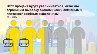 4
Этот процент будет увеличиваться, если мы
ограничим выборку экономически активным и
платежеспособным населением
38 – 40%
 