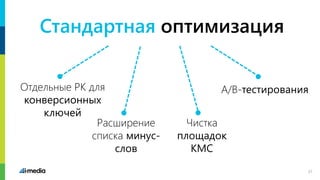 Стандартная оптимизация
Чистка
площадок
КМС
Расширение
списка минус-
слов
Отдельные РК для
конверсионных
ключей
A/B-тестирования
21
 