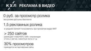 РЕКЛАМА	В	ВИДЕО
все ролики доступны бесплатно
1,5 рекламных ролика
в среднем смотрит пользователь при просмотре видео КХЛ
> 250 сайтов
размещают плеер КХЛ у себя, сопровождая
отчеты о матчах, новостные ленты и т.д.
0 руб. за просмотр ролика
30% просмотров
приходится на партнерские сайты
 