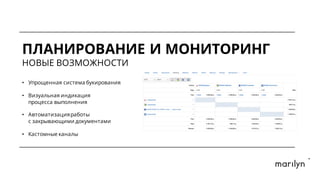 ПЛАНИРОВАНИЕ И МОНИТОРИНГ
НОВЫЕ ВОЗМОЖНОСТИ
• Упрощенная система букирования
• Визуальная индикация
процесса выполнения
• Автоматизацияработы
с закрывающими документами
• Кастомные каналы
 