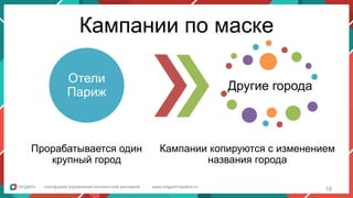 Интерфейс рекламных кампаний
Быстрый просмотр параметров эффективности
платформа управления контекстной рекламой www.origami-system.ru
Кампании по маске
18
Другие города
Кампании копируются с изменением
названия города
Отели
Париж
Прорабатывается один
крупный город
 
