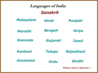 Languages of India
            Sanskrit
Malayalam    Hindi           Punjabi


Marathi      Bengali              Oriya

Kannada       Gujarati           Tamil


Konkani       Telegu       Rajasthani

Assamese       Urdu             Sindhi
                         Please click to advance >
 