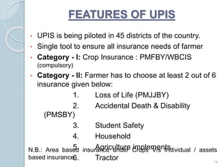 • UPIS is being piloted in 45 districts of the country.
• Single tool to ensure all insurance needs of farmer
• Category - I: Crop Insurance : PMFBY/WBCIS
(compulsory)
• Category - II: Farmer has to choose at least 2 out of 6
insurance given below:
1. Loss of Life (PMJJBY)
2. Accidental Death & Disability
(PMSBY)
3. Student Safety
4. Household
5. Agriculture implements
6. Tractor 14
N.B.: Area based insurance under Crops V/s Individual / assets
based insurance.
FEATURES OF UPIS
 