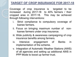 TARGET OF CROP INSURANCE FOR 2017-18
Coverage of crop insurance is targeted to be
increased during 2017-18 to 40% farmers / their
cropped area in 2017-18. This may be achieved
through following interventions:
i. Strict compliance to compulsory coverage of
loanee farmers.
ii. Focus on bringing maximum number of non-
loanee farmers under crop insurance.
iii. Wide publicity & awareness campaigning of crop
insurance benefits among farmers.
iv. Intensive engagement of Banks in
implementation of the scheme.
v. Integration of Automatic Weather Stations (AWS)
of all agencies and setting up additional AWS in
PPP Mode to boost up farmer trust.
 