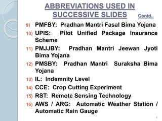 9) PMFBY: Pradhan Mantri Fasal Bima Yojana
10) UPIS: Pilot Unified Package Insurance
Scheme
11) PMJJBY: Pradhan Mantri Jeewan Jyoti
Bima Yojana
12) PMSBY: Pradhan Mantri Suraksha Bima
Yojana
13) IL: Indemnity Level
14) CCE: Crop Cutting Experiment
15) RST: Remote Sensing Technology
16) AWS / ARG: Automatic Weather Station /
Automatic Rain Gauge
4
ABBREVIATIONS USED IN
SUCCESSIVE SLIDES Contd..
 
