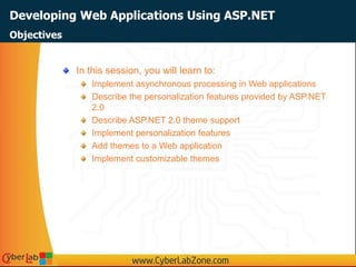Developing Web Applications Using ASP.NET
In this session, you will learn to:
Implement asynchronous processing in Web applications
Describe the personalization features provided by ASP.NET
2.0
Describe ASP.NET 2.0 theme support
Implement personalization features
Add themes to a Web application
Implement customizable themes
Objectives
 