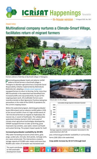 NewsletterHappenings
In-house version 14 August 2020, No.1867
Plummeting groundwater levels and adverse rainfall
patterns forced farmers in Buchinelli village in
Telangana to abandon agriculture but a Corporate Social
Responsibility initiative implemented by Mahindra &
Mahindra Ltd. adopting a climate-smart approach
equipped farmers to return to farming. So far, more than
400 households in the watershed have benefited from
increased profits and crop productivity. As part of the
ongoing project work, 20 smallholder farmers were
recently oriented on Best Agronomic Practices taking due
precautions in the midst of the COVID 19 pandemic for
the current cropping season.
Before the watershed program, declining groundwater
levels (20cm/year) and an adverse rainfall pattern (33%
of the annual rainfall is from 4-5 high rainfall events of
>30 mm) forced farmers to migrate to Hyderabad, the
nearest city, in search of livelihoods. The collaborative
watershed initiative started in 2017 and a pool of
climate-smart agricultural technologies developed by
ICRISAT equipped farmers to take up farming, grow
improved crop varieties, save water, restore soil heath
and sustain farming. The project impact speaks for itself.
Increased groundwater availability by 30-40%
Fifty water-harvesting structures (check dams, gully
plugs, sunken pits, mini pits, farm ponds, recharge units,
etc.) were constructed. The interventions created a
storage capacity of 25,000 cubic meters and more than
90,000 cubic meter of rainwater was harvested each
Impact story
Multinational company nurtures a Climate-Smart Village,
facilitates return of migrant farmers
Farmers attend a Field Day at Buchinelli village in Telangana.
Photo: ICRISAT
Check dam in the village.
Photo: ICRISAT
Storage capacity created and rainwater harvested in the
watershed from 2017-20.
8280
26496
8280
26496
8280
223569550
30560
9550
25785
8280
22356
0
10000
20000
30000
40000
50000
60000
70000
80000
2017-18
Storage
Capacity
2017-18
Rainwater
harvested
2018-19
Cummulative
Storage
Capacity
2018-19
Cummulative
Rainwater
harvested
2019-20
Cummulative
Storage
Capacity
2019-20
Cummulative
Rainwater
harvested
Volume(m3)
Cummulative Storage Capacity Vs Rainwater harvested
This work contributes
to UN Sustainable
Development Goals
year, enhancing groundwater availability in surrounding
farms (100-120) in the watershed.
Crop yields increase by 10-15 % through land
 