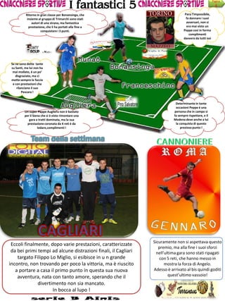 Eccoli finalmente, dopo varie prestazioni, caratterizzate
da bei primi tempi ad alcune distrazioni finali, il Cagliari
targato Filippo Lo Miglio, si esibisce in u n grande
incontro, non trovando per poco la vittoria, ma è riuscito
a portare a casa il primo punto in questa sua nuova
avventura, nata con tanto amore, sperando che il
divertimento non sia mancato.
In bocca al lupo !
Sicuramente non si aspettava questo
premio, ma alla fine i suoi sforzi
nell’ultima gara sono stati ripagati
con 5 reti, che hanno messo in
mostra la forza di Angelo.
Adesso è arrivato al bis quindi goditi
quest’ultimo vassoio!
Pagina
4
I fantastici 5
Se ne sono dette tante
su Santi, ma lui non ha
mai mollato, è un po’
disgraziato, ma ci
mette sempre la faccia
e con prestazioni che
rilanciano il suo
Pescara !
Un super Peppe Augliera non è bastato
per il Siena che si è visto rimontare una
gara a tratti dominata, ma la sua
prestazione coronata da 4 reti è da
lodare,complimenti !
Para l’impossibile,
fa dannare i suoi
avversari, non si
era mai visto un
Peppe così in forma
complimenti
davvero da tutti noi
Ritorno in gran classe per Bonansinga, che
insieme al gruppo di Trimarchi sono stati
autori di una strana, ma fantastica
prestazione, che li ha portati alla fine a
conquistare i 3 punti.
Determinante in tante
occasioni Peppe è una
persona che in campo si
fa sempre rispettare, e il
Modena deve anche a lui
la conquista di questo
prezioso punto !
 