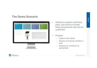The Demo Scenario
• Goldcore supplies machinery
parts, and wants to handle
faulty components returned by
customers
• Proce...