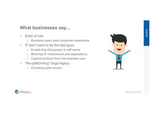 What businesses say…
• Ease of use
– Business users want consumer experience
• IT don’t want to be the bad guys
– Enable l...