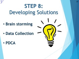 • Brain storming
• Data Collection
• PDCA
STEP 8:
Developing Solutions
37
 