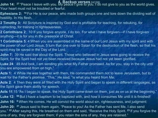 4. Backup verses [HCSB]

John 14: 27 ―Peace I leave with you. My peace I give to you. I do not give to you as the world gives.
Your heart must not be troubled or fearful.
Ephesians 2: 14 For He is our peace, who made both groups one and tore down the dividing wall of
hostility. In His flesh,
2 Timothy 3: All Scripture is inspired by God and is profitable for teaching, for rebuking, for
correcting, for training in righteousness,
2 Corinthians 2: 10 If you forgive anyone, I do too. For what I have forgiven—if I have forgiven
anything—it is for you in the presence of Christ.
1 Corinthians 5: 4 When you are assembled in the name of our Lord Jesus with my spirit and with
the power of our Lord Jesus, 5 turn that one over to Satan for the destruction of the flesh, so that his
spirit may be saved in the Day of the Lord.
John 7: 39 He said this about the Spirit. Those who believed in Jesus were going to receive the
Spirit, for the Spirit had not yet been received because Jesus had not yet been glorified.
Luke 24: 49 And look, I am sending you what My Father promised. As for you, stay in the city until
you are empowered from on high.‖
Acts 1: 4 While He was together with them, He commanded them not to leave Jerusalem, but to
wait for the Father‘s promise. ―This,‖ He said, ―is what you heard from Me;
Acts 2: 4 Then they were all filled with the Holy Spirit and began to speak in different languages, as
the Spirit gave them ability for speech.
Acts 11:15 ―As I began to speak, the Holy Spirit came down on them, just as on us at the beginning.‖
Luke 12: 50 But I have a baptism to be baptized with, and how it consumes Me until it is finished!
John 16: 8 When He comes, He will convict the world about sin, righteousness, and judgment:
John 20: 21 Jesus said to them again, ―Peace to you! As the Father has sent Me, I also send
you.‖ 22 After saying this, He breathed on them and said, ―Receive the Holy Spirit. 23 If you forgive the
sins of any, they are forgiven them; if you retain the sins of any, they are retained.‖

 