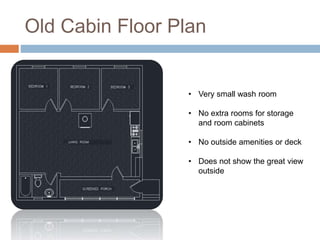 Old Cabin Floor Plan
• Very small wash room
• No extra rooms for storage
and room cabinets
• No outside amenities or deck
• Does not show the great view
outside
 