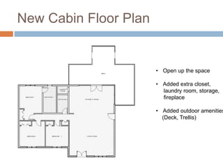 New Cabin Floor Plan
• Open up the space
• Added extra closet,
laundry room, storage,
fireplace
• Added outdoor amenities
(Deck, Trellis)
 