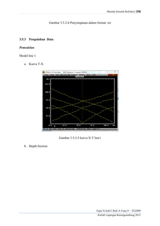 Metoda Seismik Refraksi| 258
Fajar N.Jodi C.Rafi A.Yuny F – TG2009
Kuliah Lapangan Karangsambung 2012
Gambar 3.5.2-4 Penyimpanan dalam format .txt
3.5.3 Pengolahan Data
Pemodelan
Model line 1
a. Kurva T-X
Gambar 3.5.2-5 kurva X-T line1
b. Depth Section
 