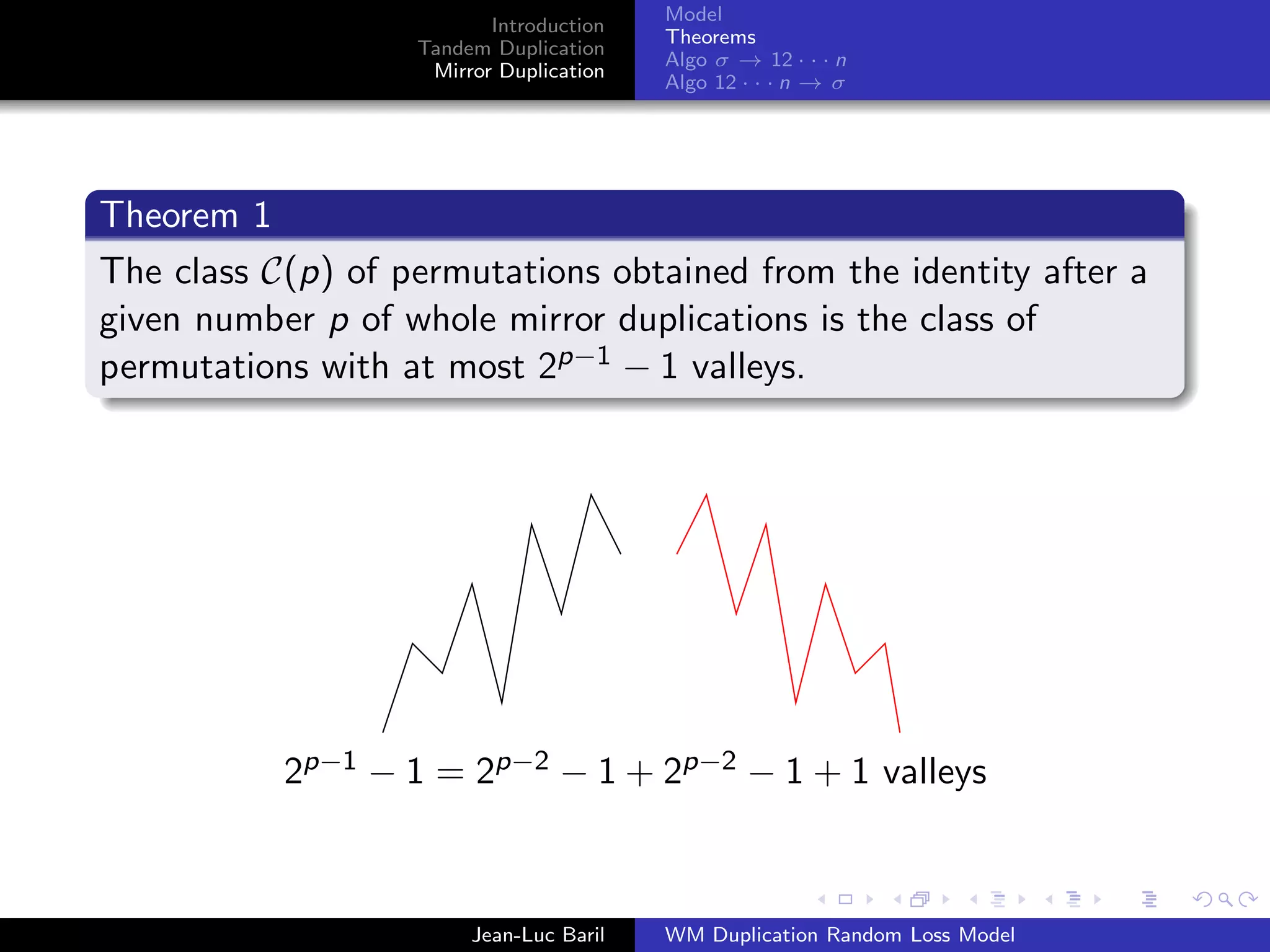 Model
                          Introduction
                                         Theorems
                   Tandem Duplication
                                         Algo σ → 12 · · · n
                    Mirror Duplication
                                         Algo 12 · · · n → σ




Theorem 1
The class C(p) of permutations obtained from the identity after a
given number p of whole mirror duplications is the class of
permutations with at most 2p−1 − 1 valleys.




           2p−1 − 1 = 2p−2 − 1 + 2p−2 − 1 + 1 valleys



                        Jean-Luc Baril   WM Duplication Random Loss Model
 