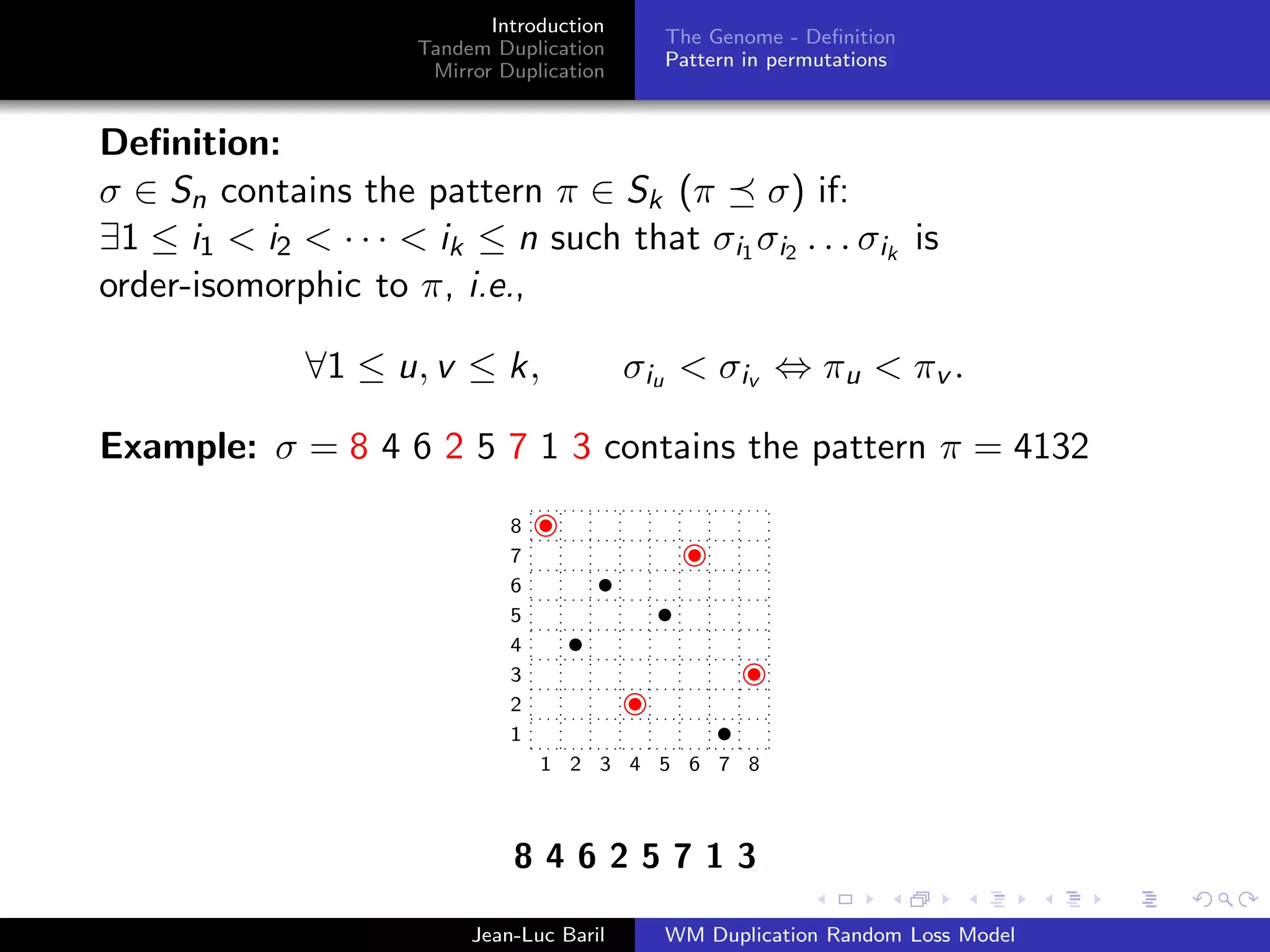 Introduction
                                               The Genome - Deﬁnition
                      Tandem Duplication
                                               Pattern in permutations
                       Mirror Duplication


Deﬁnition:
σ ∈ Sn contains the pattern π ∈ Sk (π σ) if:
∃1 ≤ i1 < i2 < · · · < ik ≤ n such that σi1 σi2 . . . σik is
order-isomorphic to π, i.e.,

              ∀1 ≤ u, v ≤ k,                σi u < σi v ⇔ π u < π v .

Example: σ = 8 4 6 2 5 7 1 3 contains the pattern π = 4132
                               8
                               7
                               6
                               5
                               4
                               3
                               2
                               1
                                   1 2 3 4 5 6 7 8



                               84625713

                           Jean-Luc Baril      WM Duplication Random Loss Model
 