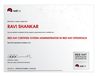 Red Hat,Inc. hereby certiﬁes that
RAVI SHANKAR
has successfully completed all the program requirements and is certiﬁed as a
RED HAT CERTIFIED SYSTEM ADMINISTRATOR IN RED HAT OPENSTACK
Red Hat OpenStack Platform 6.0
RANDOLPH. R. RUSSELL
DIRECTOR, GLOBAL CERTIFICATION PROGRAMS
2015-07-31 - CERTIFICATE NUMBER: 110-006-020
Copyright (c) 2010 Red Hat, Inc. All rights reserved. Red Hat is a registered trademark of Red Hat, Inc. Verify this certiﬁcate number at http://www.redhat.com/training/certiﬁcation/verify
 