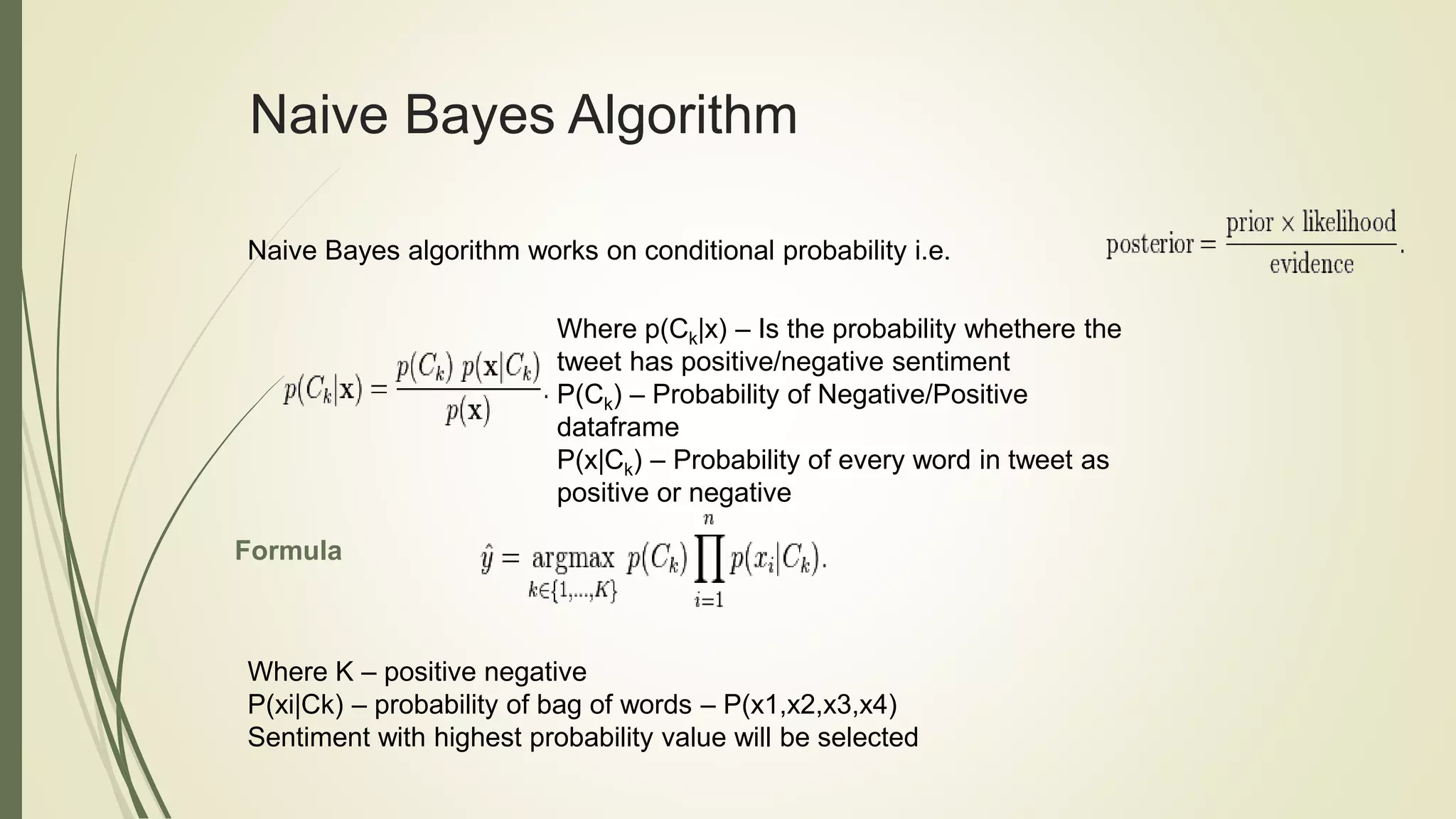 Naive Bayes Algorithm
Formula
Naive Bayes algorithm works on conditional probability i.e.
Where p(Ck|x) – Is the probability whethere the
tweet has positive/negative sentiment
P(Ck) – Probability of Negative/Positive
dataframe
P(x|Ck) – Probability of every word in tweet as
positive or negative
Where K – positive negative
P(xi|Ck) – probability of bag of words – P(x1,x2,x3,x4)
Sentiment with highest probability value will be selected
 