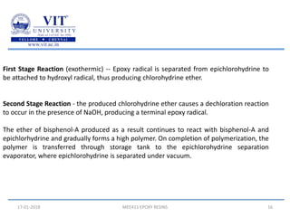 17-01-2018 MEE411 EPOXY RESINS 16
First Stage Reaction (exothermic) -- Epoxy radical is separated from epichlorohydrine to
be attached to hydroxyl radical, thus producing chlorohydrine ether.
Second Stage Reaction - the produced chlorohydrine ether causes a dechloration reaction
to occur in the presence of NaOH, producing a terminal epoxy radical.
The ether of bisphenol-A produced as a result continues to react with bisphenol-A and
epichlorhydrine and gradually forms a high polymer. On completion of polymerization, the
polymer is transferred through storage tank to the epichlorohydrine separation
evaporator, where epichlorohydrine is separated under vacuum.
 