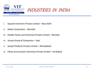 17-01-2018 MEE411 EPOXY RESINS 19
INDUSTRIES IN INDIA
i. Swastik Interchem Private Limited – New Delhi
ii. Noble Corporation – Mumbai
iii. Paladin Paints and Chemicals Private Limited – Mumbai
iv. Umiya Group of Companies – Vapi
v. Synpol Products Private Limited – Ahmedabad
vi. Fibrex Construction Chemicals Private limited – Faridabad
 