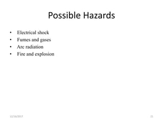 Possible Hazards
• Electrical shock
• Fumes and gases
• Arc radiation
• Fire and explosion
12/16/2017 21
 