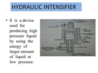 • It is a device
used for
producing high
pressure liquid
by using the
energy of
larger amount
of liquid at
low pressure.
HYDRAULIC INTENSIFIER
 