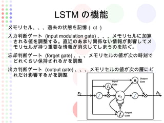 LSTM の機能
メモリセル、、、過去の状態を記憶（ ct ）
入力判断ゲート (input modulation gate) 、、、メモリセルに加算
される値を調整する。直近のあまり関係ない情報が影響してメ
モリセルが持つ重要な情報が消失して...