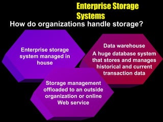 Enterprise Storage Systems How do organizations handle storage? Enterprise storage system managed in house Data warehouse A huge database system that stores and manages historical and current transaction data Storage management offloaded to an outside organization or online Web service 