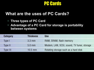 PC Cards What are the uses of PC Cards? Three types of PC Card Advantage of a PC Card for storage is portability between systems 