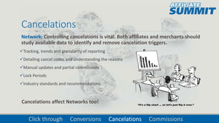 Cancelations
Network: Controlling cancelations is vital. Both affiliates and merchants should
study available data to identify and remove cancelation triggers.
Tracking, trends and granularity of reporting
Detailing cancel codes and understanding the reasons
Manual updates and partial commissions
Lock Periods
Industry standards and recommendations
Click through Conversions Cancelations Commissions
Cancelations affect Networks too!
 