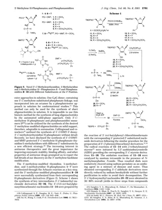 ester approaches in solution. One GpG dimer, containing
one 3′-C-methylene-substituted phosphonate linkage, was
incorporated into an octamer by a phosphotriester ap-
proach in solution for conformational studies.14
This
method can only be used for the synthesis of short
oligonucleotides in solution. It is impossible to use this
historic method for the synthesis of long oligonucleotides
by the automated solid-phase approach. Only 3′-C-
methylene H-phosphonate and phosphonamidite mono-
mers (PIII
) can be utilized for the synthesis of the desired
3′-methylene-modified oligonucleotides on solid support,
therefore, adaptable to automation. Collingwood and co-
workers19
outlined the synthesis of 5′-O-DMT-3′-deoxy-
3′-C-methylenethymidine H-phosphonate without detail.
Recently, we have disclosed the synthesis of 5′-O-DMT-
and MMT-protected 3′-C-methylene H-phosphonate thy-
midine/5-methyluridines with different 2′-substituents by
a new efficient strategy.20 The increasing interest in
antisense therapeutics and the great importance for
improving enzymatic stability, binding affinity, and other
properties of antisense drugs prompted us to report the
full details of our discovery on the 3′-methylene backbone
modification.
The 3′-methylene-modified thymidine, 5-methyluri-
dine, and 5-methylcytidine H-phosphonates 1-7 were
synthesized through the Arbuzov reaction as a key step,
and the 3′-methylene-modified phosphonamidites 8-10
were successfully synthesized from their corresponding
H-phosphonate derivatives (Figure 2). Scheme 1 shows
the synthesis of key intermediates 3′-C-iodomethyl nu-
cleoside derivatives 23-26. The 3′-O-(3-tert-butylphe-
noxythiocarbonate) nucleosides 11-14 were prepared by
the reaction of 3′-tert-butylphenyl chlorothionoformate
with the corresponding 5′-protected 2′-substituted nucle-
oside derivatives following the similar procedure for the
preparation of 3′-O-phenoxythiocarbonyl derivatives.21,22
The radical reactions of 11-14 with β-tributylstannyl
styrene23
were initiated by 2,2′-azobisisobutyronitrile
(AIBN) providing the corresponding 3′-C-styrene deriva-
tives 15-18. The oxidation reactions of 15-18 were
catalyzed by osmium tetraoxide in the presence of N-
methylmorpholine N-oxide. Thus resulted diols were
oxidatively cleaved using sodium periodate as an oxidiz-
ing agent in a mixture of dioxane and water. Thus
obtained corresponding 3′-C-aldehyde derivatives were
directly reduced by sodium borohydride without further
purification in order to avoid their decomposition. The
3′-C-hydroxymethyl nucleosides 19-22 were obtained in
36-80% overall yields in three steps from compounds
(19) Collingwood, S. P.; Douglas, M. E.; Natt, F.; Pieles, U. Phos-
phorus Sulfur Silicon 1999, 144-146, 645-648.
(20) An, H.; Wang, T.; Cook, P. D. Tetrahedron Lett. 2000, 41, 7813-
7816.
(21) Sanghvi, Y. S.; Bharadwaj, R.; Debart, F.; De Mesmaeker, A.
Synthesis 1994, 1163-1166.
(22) Dimock, S.; Bhat, B.; Peoc′h, D.; Sanghvi, Y. S.; Swayze, E. E.
Nucleosides Nucleotides 1997, 16, 1629-1632.
(23) (a) Saihi, M. L.; Pereyre, M. Bull. Soc. Chim. Fr. 1977, 1251-
1255. (b) Sanghvi, Y. S.; Ross, B. S.; Bharadwaj, R.; Vasseur, J. J.
Tetrahedron Lett. 1994, 35, 4697-4700.
Figure 2. Novel 3′-C-Methylenethymidine, 5-Methyluridine
and 5-Methylcytidine H-Phosphonates 1-7 and Phosphona-
midites 8-10 with Different Substituents at the 2′-Position.
Scheme 1
3′-Methylene H-Phosphonates and Phosphonamidites J. Org. Chem., Vol. 66, No. 8, 2001 2791
 