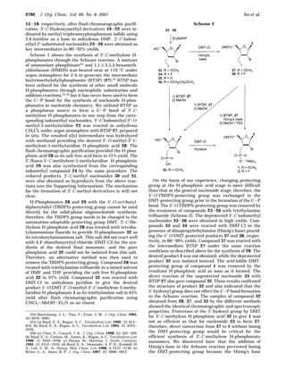 15-18, respectively, after flash chromatographic purifi-
cation. 3′-C-Hydroxymethyl derivatives 19-22 were io-
dinated by methyl triphenoxyphosphonium iodide using
2,6-lutidine as a base in anhydrous DMF. 3′-C-Iodom-
ethyl-2′-substituted nucleosides 23-26 were obtained as
key intermediates in 80-92% yields.
Scheme 1 shows the synthesis of 3′-C-methylene H-
phosphonates through the Arbuzov reaction. A mixture
of ammonium phosphinate24 and 1,1,1,3,3,3-hexameth-
yldisilazane (HMDS) was heated neat at 110 °C under
argon atmosphere for 2 h to generate the intermediate
bis(trimethylsilyl)phosphonite (BTSP) (27).25 BTSP has
been utilized for the synthesis of other small molecule
H-phosphonates through nucleophilic substitution and
addition reactions,25,26 but it has never been used to form
the C-P bond for the synthesis of nucleoside H-phos-
phonates in nucleotide chemistry. We utilized BTSP as
a phosphorus source to form a C-P bond of 3′-C-
methylene H-phosphonates in one step from the corre-
sponding iodomethyl nucleosides. 3′-C-Iodomethyl-2′-O-
methyl-5-methyluridine 23 was reacted in anhydrous
CH2Cl2 under argon atmosphere with BTSP 27, prepared
in situ. The resulted silyl intermediate was hydrolyzed
with methanol providing the desired 2′-O-methyl-3′-C-
methylene-5-methyluridine H-phosphinic acid 28. The
flash chromatographic purification provided the H-phos-
phinic acid 28 as its salt-free acid form in 31% yield. The
2′-fluoro-3′-C-methylene-5-methyluridine H-phosphinic
acid 29 was also synthesized from the corresponding
iodomethyl compound 24 by the same procedure. The
reduced products, 3′-C-methyl nucleosides 30 and 31,
were also obtained as byproducts from the above reac-
tions (see the Supporting Information). The mechanism
for the formation of 3′-C-methyl derivatives is still not
clear.
H-Phosphonates 28 and 29 with the 5′-O-tert-butyl-
diphenylsilyl (TBDPS)-protecting group cannot be used
directly for the solid-phase oligonucleotide synthesis;
therefore, the TBDPS group needs to be changed to the
automation-adaptable protecting group DMT. 3′-C-Me-
thylene H-phosphinic acid 28 was treated with tetrabu-
tylammonium fluoride to provide H-phosphonate 32 as
its tetrabutylammonium salt. This salt did not react well
with 4,4′-dimethoxytrityl chloride (DMT-Cl) for the syn-
thesis of the desired final monomer, and the pure
phosphinic acid 32 could not be isolated from this salt.
Therefore, an alternative method was then used to
remove the TBDPS-protecting group. Compound 28 was
treated with triethylamine trifluoride in a mixed solvent
of DMF and THF providing the salt-free H-phosphinic
acid 32 in 97% yield. Compound 32 was reacted with
DMT-Cl in anhydrous pyridine to give the desired
product 5′-O-DMT-2′-O-methyl-3′-C-methylene-5-methy-
luridine H-phosphonate 1 as its triethylamine salt in 65%
yield after flash chromatographic purification using
CHCl3-MeOH-Et3N as an eluent.
On the basis of our experience, changing protecting
group at the H-phosphinic acid stage is more difficult
than that at the general nucleoside stage; therefore, the
5′-O-TBDPS-protecting group was exchanged to the
DMT-protecting group prior to the formation of the C-P
bond. The 5′-O-TBDPS-protecting group was removed by
the treatment of compounds 23-26 with triethylamine
trifluoride (Scheme 2). The deprotected 3′-C-iodomethyl
nucleosides 33-36 were obtained in high yields. Com-
pounds 33 and 34 were reacted with DMT-Cl in the
presence of diisopropylethylamine (Hu¨nig’s base) provid-
ing the 5′-O-DMT-protected products 37 and 38, respec-
tively, in 88-99% yields. Compound 37 was reacted with
the intermediate BTSP 27 under the same reaction
conditions as described above for the synthesis of 28. The
desired product 1 was not obtained, while the deprotected
product 32 was isolated instead. The acid-labile DMT-
protecting group of compound 1 was removed by the
resultant H-phosphinic acid as soon as it formed. The
direct reaction of the unprotected nucleoside 33 with
BTSP 27 also gave compound 32. These results confirmed
the structure of product 32 and also indicated that the
5′-hydroxyl group does not effect the C-P bond formation
in the Arbuzov reaction. The samples of compound 32
obtained from 28, 37, and 33 by the different methods
showed the identical chromatographic and spectroscopic
properties. Protection of the 5′-hydoxyl group by DMT
for 3′-C-methylene H-phosphinic acid 32 to give 1 was
not as efficient as that for nucleoside 33 to form 37;
therefore, direct conversion from 37 to 1 without losing
the DMT-protecting group would be critical for the
efficient synthesis of 3′-C-methylene H-phosphonate
monomers. We discovered later that the addition of
Hu¨nig’s base in the Arbuzov reaction prevented losing
the DMT-protecting group because the Hu¨nig’s base
(24) Montchamp, J. L.; Tian, F.; Frost, J. W. J. Org. Chem. 1995,
60, 6076-6081.
(25) (a) Boyd, E. A.; Regan, A. C. Tetrahedron Lett. 1992, 33, 813-
816. (b) Boyd, E. A.; Regan, A. C. Tetrahedron Lett. 1994, 35, 4223-
4226.
(26) (a) Chen, S.; Coward, J. K. J. Org. Chem. 1998, 63, 502-509.
(b) Boyd, E. A.; Corless, M.; James, K.; Regan, A. C. Tetrahedron Lett.
1990, 31, 2933-2936. (c) Hatam, M.; Martens, J. Synth. Commun.
1995, 25, 2553-2559. (d) Boyd, E. A.; Alexander, S. P. H.; Kendall, D.
A.; Loh, V. M., Jr. Bioorg. Med. Chem. Lett. 1996, 6, 2137-2140. (e)
Reiter, L. A.; Jones, B. P. J. Org. Chem. 1997, 62, 2808-2812.
Scheme 2
2792 J. Org. Chem., Vol. 66, No. 8, 2001 An et al.
 