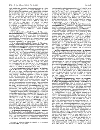 crude product was purified by flash chromatography on a silica
gel column using 200:1 and 50:1 CH2Cl2-MeOH as eluents to
give 1.77 g (49%) of compound 20 as a white foam: silica gel
TLC Rf 0.25 (20:1 CHCl3-MeOH); 1
H NMR (CDCl3) δ 1.09 (s,
9H), 1.57 (s, 3H), 2.56-2.88 (m, 1H), 2.92 (bs, 1H, ex D2O),
3.62-3.71 (m, 1H), 3.78-3.86 (m, 2H), 4.12-4.18 (m, 2H), 5.32
(dd, 1H, J ) 52.0, 4.5 Hz), 5.97 (d, 1H, J ) 18.0 Hz), 7.36-
7.69 (m, 11H), 9.80 (bs, 1H, ex D2O); 13C NMR (CDCl3) δ 12.2,
19.1, 27.1, 44.2, 44.6, 57.4, 57.6, 63.4, 82.5, 89.6, 90.3, 95.1,
98.7, 110.1, 127.7, 128.0, 130.1, 132.5, 133.0, 135.4, 135.6,
150.4, 164.2; 19
F NMR (CDCl3) δ -63.77 (ddd, J1 ) 55.2 Hz,
J2 ) 35.5 Hz, J3 ) 19.8 Hz); HRMS (FAB) m/z 535.201 (M +
Na)+
(C27H33FN2O5SiNa requires 535.204). Anal. Calcd for
C27H33FN2O5Si: C, 63.24; H, 6.49; N, 5.47. Found: C, 63.40;
H, 6.28; N, 5.37.
5′-O-(tert-Butyldiphenylsilyl)-3′-deoxy-3′-C-(hydroxy-
methyl)thymidine (21).31
Compound 21 was prepared by a
procedure similar to that described above for compound 19
from compound 17 (5.67 g, 10.0 mmol). The product was
purified by flash chromatography on a silica gel column using
40:1 and 20:1 CH2Cl2-MeOH as eluents to give 3.99 g (80%
overall) of compound 21 as a white foam.
5′-O-(tert-Butyldiphenylsilyl)-3′-deoxy-3′-C-(hydroxy-
methyl)-2′-O-(2-methoxyethyl)-5-methyluridine (22). Com-
pound 22 was prepared by the similar procedure as described
above for compound 19 from compound 18 (5.0 g, 7.8 mmol).
The crude product was purified by flash chromatography on a
silica gel column using 2:1, 1:1 and 1:2 hexanes-EtOAc as
eluents to give 1.60 g (36%) of compound 22 as a white foam:
silica gel TLC Rf 0.40 (20:1 CH2Cl2-MeOH); 1
H NMR (CDCl3)
δ 1.09 (s, 9H), 1.50 (s, 3H), 2.25 (bs, 1H, ex D2O), 2.52-2.78
(m, 1H), 3.38 (s, 3H), 3.52-4.25 (m, 10H), 5.86 (s, 1H), 7.38-
7.70 (m, 11H), 9.95 (bs, 1H, ex D2O); 13
C NMR (CDCl3) δ 12.1,
19.5, 27.1, 43.1, 58.2, 58.8, 63.1, 69.5, 71.6, 82.3, 86.1, 89.8,
110.5, 128.0, 130.2, 132.5, 133.2, 135.1, 135.3, 136.5, 150.5,
164.4; HRMS (FAB) m/z 569.268 (M + H)+
(C30H41N2O7Si
requires 569.268). Anal. Calcd for C30H40N2O7Si: C, 63.33; H,
7.09; N, 4.93. Found: C, 63.13; H, 6.88; N, 5.12.
5′-O-(tert-Butyldiphenylsilyl)-3′-deoxy-3′-C-(iodome-
thyl)-2′-O-methyl-5-methyluridine (23). 2,6-Lutidine (10
mL, 9.2 g, 85.8 mmol, 1.94 equiv) and methyl triphenoxyphos-
phonium iodide (24.3 g, 53.7 mmol, 1.2 equiv) were sequen-
tially added to a solution of compound 19 (23.3 g, 44.2 mmol)
in 400 mL of anhydrous DMF under stirring at 0 °C. The
resulted reaction mixture was stirred at 0 °C for 1 h and at
room temperature for 2 h. The reaction mixture was diluted
with 100 mL of ethyl acetate and washed twice with 0.1 N
Na2S2O3 aqueous solution to remove iodine. The organic phase
was further washed with aqueous NaHCO3 solution, water,
and brine. The aqueous phases were back extracted with ethyl
acetate. The combined organic phase was dried (Na2SO4) and
concentrated. The resulted residue was purified by flash
chromatography on a silica gel column using 200:1 to 30:1 CH2-
Cl2-MeOH as gradient eluents to give 22.8 g (81%) of the iodo
product 23 as a white foam: silica gel TLC Rf 0.54 (20:1 CH2-
Cl2-MeOH), Rf 0.63 (1:1 hexanes-EtOAc); 1H NMR (CDCl3)
δ 1.13 (s, 9H), 1.61 (s, 3H), 2.60-2.84 (m, 2H), 3.18 (t, 3H, J
) 9.0 Hz), 3.64 (s, 3H), 3.67-3.80 (m, 1H), 3.84-3.98 (m, 2H),
4.05-4.21 (m, 1H), 5.91 (s, 1H), 7.32-7.49 (m, 6H), 7.54-7.74
(m, 5H), 8.90 (s, 1H); 13C NMR (CDCl3) δ 12.3, 19.4, 27.2, 44.9,
59.0, 62.5, 83.2, 86.8, 88.3, 110.6, 127.7, 128.0, 128.2, 130.2,
130.3, 132.4, 132.9, 134.9, 135.4, 135.6, 150.4, 164.3; HRMS
(FAB) m/z 635.144 (M + H)+
(C28H36IN2O5Si requires 635.143).
Anal. Calcd for C28H35IN2O5Si: C, 53.00; H, 5.55; N, 4.41.
Found: C, 53.20; H, 5.53; N, 4.39.
5′-O-(tert-Butyldiphenylsilyl)-2′,3′-dideoxy-2′-β-fluoro-
3′-C-(iodomethyl)-5-methyluridine (24). Compound 24 was
prepared as described above for compound 23 from compound
20 (1.3 g, 2.54 mmol), methyl triphenoxyphosphonium iodide
(1.70 g, 3.8 mmol, 1.5 equiv) and 2,6-lutidine (0.59 mL, 0.54
g, 5.08 mmol). The product was purified by flash chromatog-
raphy on a silica gel column using 200:1 CH2Cl2-MeOH as an
eluent to give 1.45 g (92%) of compound 24 as a white foam:
silica gel TLC Rf 0.33 (20:1 CH2CH2-MeOH); 1
H NMR (CDCl3)
δ 1.11 (s, 9H), 1.63 (s, 3H), 2.76-3.18 (m, 3H), 3.76 (dd, 1H, J
) 12.0, 2.8 Hz), 3.97 (d, 1H, J ) 8.0 Hz), 4.17 (dd, 1H, J )
12.0, 2.0 Hz), 5.21 (dd, 1H, J ) 52.0, 3.8 Hz), 5.98 (d, 1H, J )
19.4 Hz), 7.39-7.71 (m, 11H), 8.46 (bs, 1H, ex D2O); HRMS
(FAB) m/z 645.103 (M + Na)+ (C27H32FN2O4SiNa requires
645.105). Anal. Calcd for C27H32FN2O4Si: C, 52.07; H, 5.18;
N, 4.50. Found: C, 52.28; H, 5.28; N, 4.28.
5′-O-(tert-Butyldiphenylsilyl)-3′-deoxy-3′-C-(iodometh-
yl)thymidine (25).19 Compound 25 was prepared as described
above for compound 23 from compound 21 (32.0 g, 64.6 mmol),
methyl triphenoxyphosphonium iodide (34.3 g, 75.8 mmol, 1.17
equiv), and 2,6-lutidine (14.3 mL, 13.1 g, 122 mmol, 1.89 equiv)
in 660 mL of DMF. The product was purified by flash
chromatography on a silica gel column using 5:1 to 2:1
hexanes-EtOAc as eluents to give 33.2 g (85%) of compound
25 as a white foam: silica gel TLC Rf 0.54 (1:1 hexanes-
EtOAc); 1H NMR (CDCl3) δ 1.12 (s, 9H), 1.69 (s, 3H), 2.15-
2.40 (m, 2H), 2.60-2.80 (m, 1H), 3.06-3.28 (m, 2H), 3.75-
3.89 (m, 2H), 3.98-4.10 (m, 1H), 6.18 (t, 1H, J ) 5.8 Hz), 7.35-
7.54 (m, 7H), 7.63-7.78 (4H), 9.52 (bs, 1H, ex D2O); 13
C NMR
(CDCl3) δ 6.9, 12.3, 19.4, 27.1, 40.2, 40.7, 63.9, 84.1, 85.2, 111.1,
127.7, 128.0, 130.1, 132.6, 133.0, 135.2, 135.4, 135.6, 150.7,
164.2; HRMS (MALDI) m/z 627.113 (M + Na)+ (C27H33IN2O4-
SiNa requires 627.115).
5′-O-(tert-Butyldiphenylsilyl)-3′-deoxy-3′-C-(iodome-
thyl)-2′-O-(2-methoxyethyl)-5-methyluridine (26). The iodo
compound 26 was synthesized as described above for com-
pound 23 from compound 22 (1.34 g, 2.35 mmol), 2,6-lutidine
(0.547 mL, 503 mg, 4.69 mmol, 2.0 equiv), and methyl
triphenoxyphosphonium iodide (1.28 g, 2.83 mmol, 1.2 equiv)
in 25 mL of DMF. The crude product was purified by flash
chromatography on a silica gel column. Gradient elution with
5:1, 3:1, and then 1:1 hexanes-EtOAc provided 1.24 g (78%)
of the iodo product 26 as a white foam: silica gel TLC Rf 0.39
(1:1 hexanes-EtOAc); 1H NMR (CDCl3) δ 1.13 (s, 9H), 1.62
(s, 3H), 2.64-2.85 (m, 2H), 3.20-3.35 (m, 1H), 3.38 (s, 3H),
3.50-4.25 (m, 8H), 5.91 (s, 1H), 7.32-7.50 (m, 6H), 7.60 (s,
1H), 7.62-7.78 (m, 4H), 10.46 (s, 1H); 13
C NMR (CDCl3) δ 12.4,
19.5, 27.2, 45.0, 58.0, 62.5, 70.3, 71.9, 83.3, 85.6, 88.9, 110.5,
128.1, 128.2, 130.1, 130.3, 132.4, 132.9, 135.0, 135.4, 135.6,
150.7, 164.7; HRMS (FAB) m/z 679.172 (M + H)+
(C30H40IN2O6-
Si requires 679.170).
5′-O-(tert-Butyldiphenylsilyl)-3′-deoxy-3′-C-[(hydroxy-
phosphinyl)methyl]-2′-O-methyl-5-methyluridine (28) and
5′-O-(tert-Butyldiphenylsilyl)-3′-dexoy-3′-C-methyl-2′-O-
methyl-5-methyluridine (30). A mixture of ammonium
phosphinate (0.41 g, 5.0 mmol, 5.0 equiv)24 and 1,1,1,3,3,3-
hexamethyldisilazane (HMDS) (1.07 mL, 0.82 g, 5.05 mmol,
5.05 equiv) was heated neat at 100-110 °C for 2 h under argon
atmosphere with a condenser. The resulted intermediate bis-
(trimethylsilyl)phosphonite (BTSP) (27) was cooled to -5-0
°C. Anhydrous CH2Cl2 (5 mL) was injected, followed by a
solution of iodo-compound 23 (0.64 g, 1.0 mmol) in 8 mL of
CH2Cl2. The resulted reaction mixture was stirred at room
temperature overnight, filtered, and concentrated. The clear
oily residue was dissolved in 5 mL of CH2Cl2 and 5 mL of
MeOH. The solution was stirred at room temperature for 2 h.
After evaporation of the solvent, the residue was dissolved in
ethyl acetate. The solution was washed with water and brine.
The organic phase was dried and concentrated. The residue
was purified by flash chromatography on a silica gel column
using 10:1, 2:1, and then 1:1 EtOAc-MeOH as eluents to
provide 105 mg (31%) of the desired product H-phosphinic acid
28 and 150 mg (59%) of the reduced byproduct 30 as white
foams. H-Phosphinic acid 28 (free acid): silica gel TLC Rf 0.30
(50:10:1 CHCl3-MeOH-Et3N); 1
H NMR (CD3OD) δ 1.10 (s,
9H), 1.33 (s, 3H), 1.30-1.51 (m, 1H), 1.74-1.98 (m, 1H), 2.47-
2.68 (m, 1H), 3.53 (s, 3H), 3.87-4.08 (m, 3H), 4.19 (d, 1H, J )
11.6 Hz), 7.07 (5.82, 8.32; d, 1H, J ) 500 Hz, PH), 5.91 (s,
1H), 7.35-7.50 (m, 6H), 7.59 (s, 1H), 7.65-6.80 (m, 4H); 13
C
NMR (DMSO-d6) δ 11.7, 18.9, 26.8, 36.1, 48.6, 57.3, 63.1, 84.8,
88.3, 108.9, 128.0, 129.9, 132.5, 133.1, 134.9, 135.0, 150.1,
(31) Haly, B.; Bellon, L.; Mohan, V.; Sanghvi, Y. S. Nucleosides
Nucleotides 1996, 15, 1383-1395.
2796 J. Org. Chem., Vol. 66, No. 8, 2001 An et al.
 