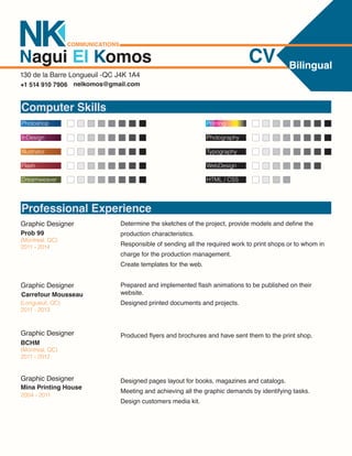 Bilingual 
Graphic Designer 
(Montreal, QC) 
2011 - 2014 
Prob 99 
Determine the sketches of the project, provide models and define the 
production characteristics. 
Responsible of sending all the required work to print shops or to whom in 
charge for the production management. 
Create templates for the web. 
Graphic Designer 
(Longueuil, QC) 
2011 - 2013 
Carrefour Mousseau 
Prepared and implemented flash animations to be published on their 
website. 
Designed printed documents and projects. 
Mina Printing House 
Graphic Designer 
2004 - 2011 
Designed pages layout for books, magazines and catalogs. 
Meeting and achieving all the graphic demands by identifying tasks. 
Design customers media kit. 
Photoshop 
InDesign 
Illustrator 
Flash 
Dreamweaver 
Photography 
Typography 
HTML / CSS 
WebDesign 
Printing 
Computer Skills 
Professional Experience 
Graphic Designer 
(Montreal, QC) 
2011 - 2012 
BCHM 
Produced flyers and brochures and have sent them to the print shop. 
 