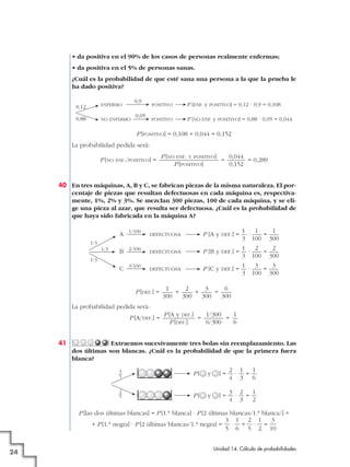 • da positiva en el 90% de los casos de personas realmente enfermas;
• da positiva en el 5% de personas sanas.
¿Cuál es la probabilidad de que esté sana una persona a la que la prueba le
ha dado positiva?
0,9

0,12

ENFERMO

0,88

NO ENFERMO

POSITIVO
POSITIVO

0,05

P [ENF. y POSITIVO] = 0,12 · 0,9 = 0,108
P [NO ENF. y POSITIVO] = 0,88 · 0,05 = 0,044

P [POSITIVO] = 0,108 + 0,044 = 0,152
La probabilidad pedida será:
P [NO

ENF./POSITIVO]

=

P [NO ENF. Y POSITIVO]
0,044
=
= 0,289
P [POSITIVO]
0,152

40 En tres máquinas, A, B y C, se fabrican piezas de la misma naturaleza. El porcentaje de piezas que resultan defectuosas en cada máquina es, respectivamente, 1%, 2% y 3%. Se mezclan 300 piezas, 100 de cada máquina, y se elige una pieza al azar, que resulta ser defectuosa. ¿Cuál es la probabilidad de
que haya sido fabricada en la máquina A?
A

1/100

B

2/100

C

3/100

DEFECTUOSA

P [A y

DEF.]

1
1
1
=—·—=—
3 100 300

DEFECTUOSA

P [B y

DEF.]

1
2
2
=—·—=—
3 100 300

DEFECTUOSA

P [C y

DEF.]

1
3
3
=—·—=—
3 100 300

1/3
1/3
1/3

P [DEF.] =

1
2
3
6
+
+
=
300
300
300
300

La probabilidad pedida será:
P [A/DEF.] =

41

P [A y DEF.]
1/300
1
=
=
P [DEF.]
6/300
6

Extraemos sucesivamente tres bolas sin reemplazamiento. Las
dos últimas son blancas. ¿Cuál es la probabilidad de que la primera fuera
blanca?
3
—
5

P[

y

2 1
1
]=—·—=—
4 3
6

2
—
5

P[

y

3 2
1
]=—·—=—
4 3
2

P [las dos últimas blancas] = P [1.a blanca] · P [2 últimas blancas/1.a blanca/] +
3 1 2 1
3
+ P [1.a negra] · P [2 últimas blancas/1.a negra] = · + · =
5 6 5 2 10

24

Unidad 14. Cálculo de probabilidades

 