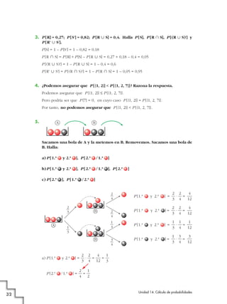 3. P [ R] = 0,27; P [ S'] = 0,82; P [ R « S] = 0,4. Halla P [ S], P [ R » S], P [ (R « S)'] y
P [ R' « S'].
P [S] = 1 – P [S'] = 1 – 0,82 = 0,18
P [R » S] = P [R] + P [S] – P [R « S] = 0,27 + 0,18 – 0,4 = 0,05
P [(R « S)'] = 1 – P [R « S] = 1 – 0,4 = 0,6
P [R' « S'] = P [(R » S)'] = 1 – P [R » S] = 1 – 0,05 = 0,95
4. ¿Podemos asegurar que P [ {1, 2}] < P [ {1, 2, 7}] ? Razona la respuesta.
Podemos asegurar que P [{1, 2}] Ì P [ {1, 2, 7}] .
Pero podría ser que P [7] = 0, en cuyo caso P [ {1, 2}] = P [ {1, 2, 7}] .
Por tanto, no podemos asegurar que P [ {1, 2}] < P [ {1, 2, 7}] .
5.

A

B

Sacamos una bola de A y la metemos en B. Removemos. Sacamos una bola de
B. Halla:
a) P [ 1.ª

y 2.ª

], P [ 2.ª

/ 1.ª

]

b) P [ 1.ª

y 2.ª

], P [ 2.ª

/ 1.ª

], P [ 2.ª

c) P [ 2.ª

], P [ 1.ª

/ 2.ª

]

2
—
4
2
—
3

A

B

P [2.ª

32

y 2.ª

/1.ª

2
—
4
1
—
4

1
—
3

B

a) P [1.ª

]=

]=

]

3
—
4

P [1.ª

y 2.ª

] =

2 2
4
· =
3 4
12

P [1.ª

y 2.ª

]=

2 2
4
· =
3 4
12

P [1.ª

y 2.ª

] =

1 1
1
· =
3 4
12

P [1.ª

y 2.ª

]=

1 3
3
· =
3 4
12

2 2
4
1
· =
=
3 4 12 3

2 1
=
4 2

Unidad 14. Cálculo de probabilidades

 