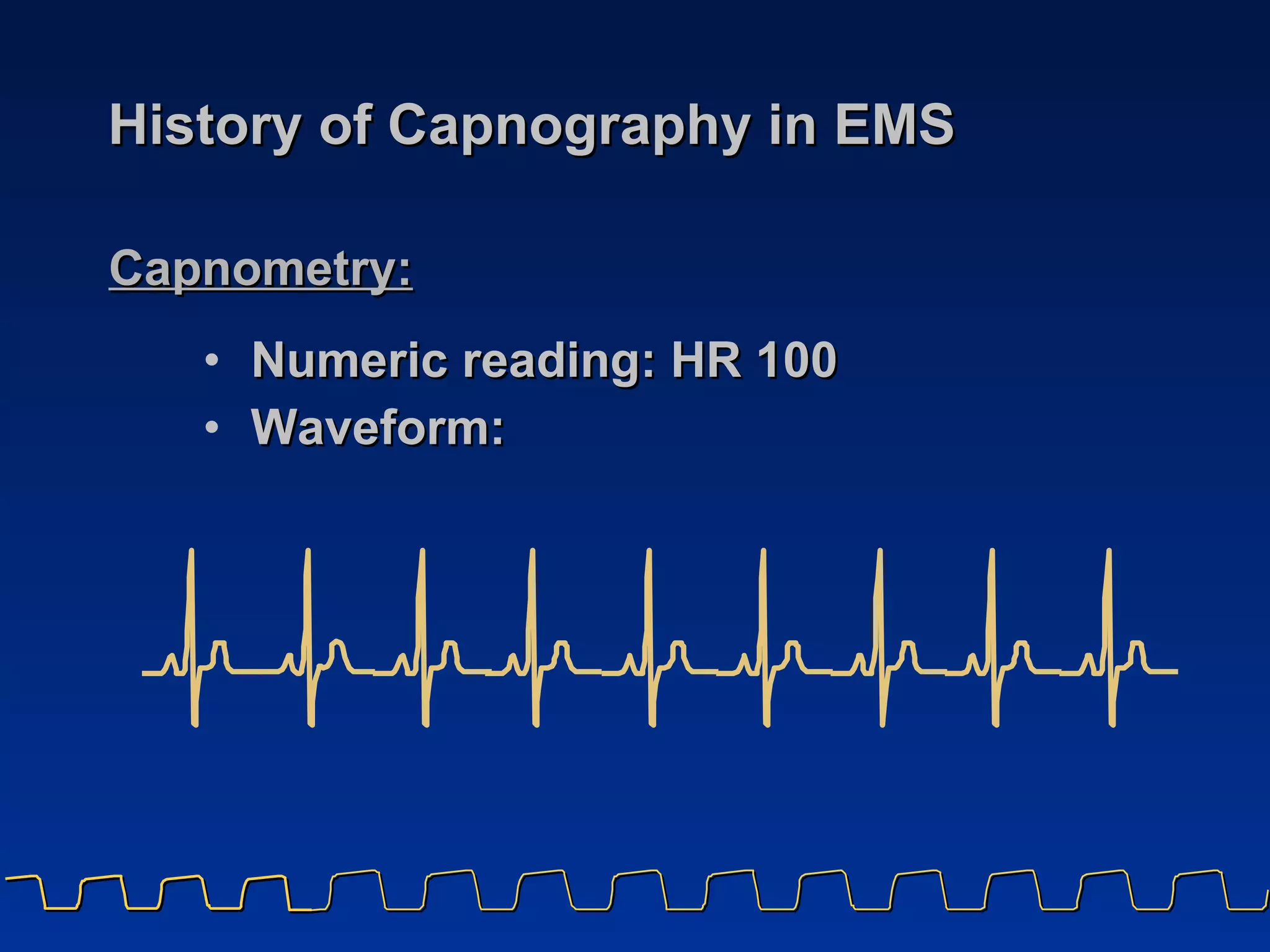 History of Capnography in EMS Numeric reading: HR 100 Waveform: Capnometry: 