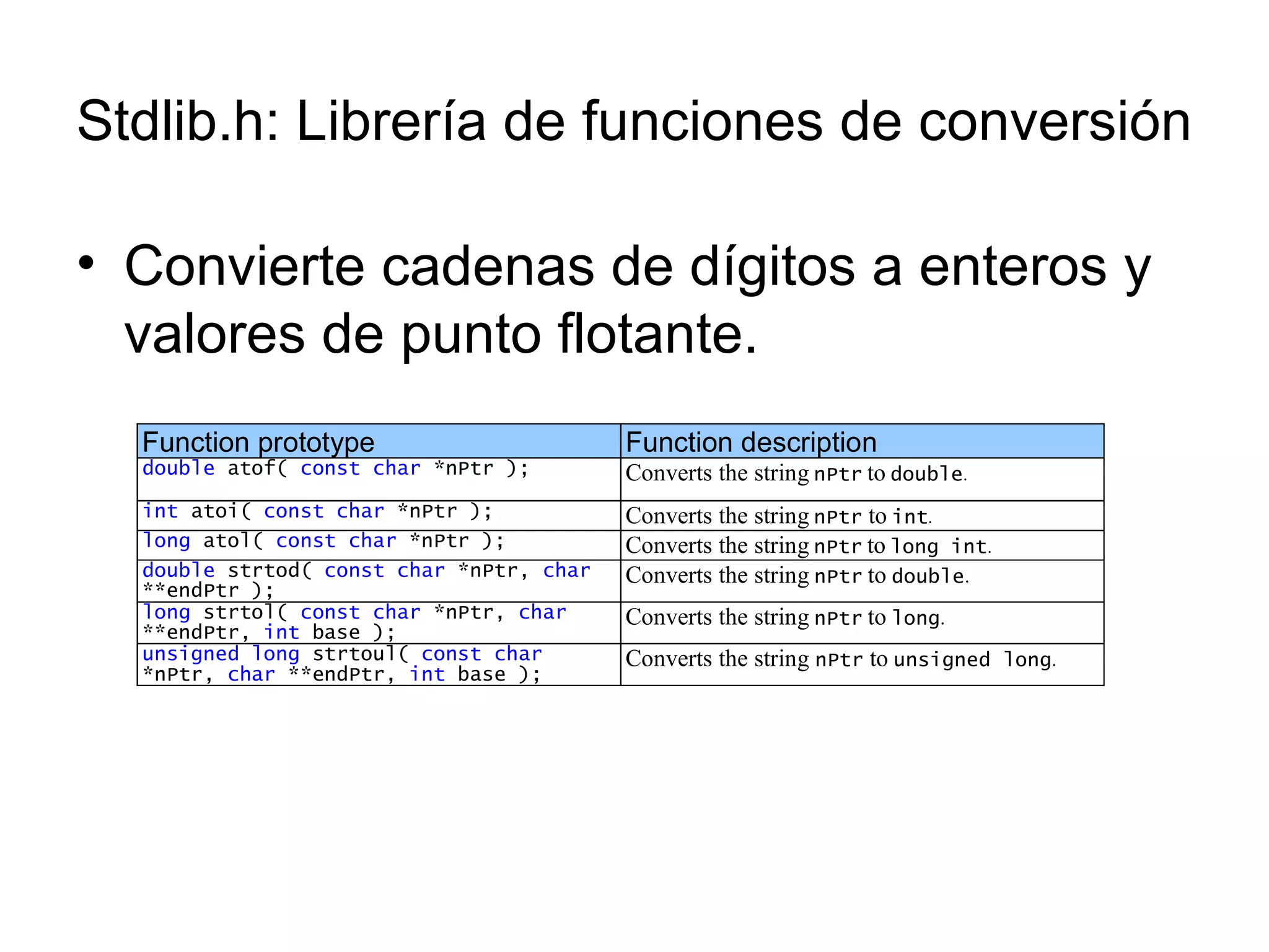 Stdlib.h: Librería de funciones de conversión Convierte cadenas de dígitos a enteros y valores de punto flotante. 