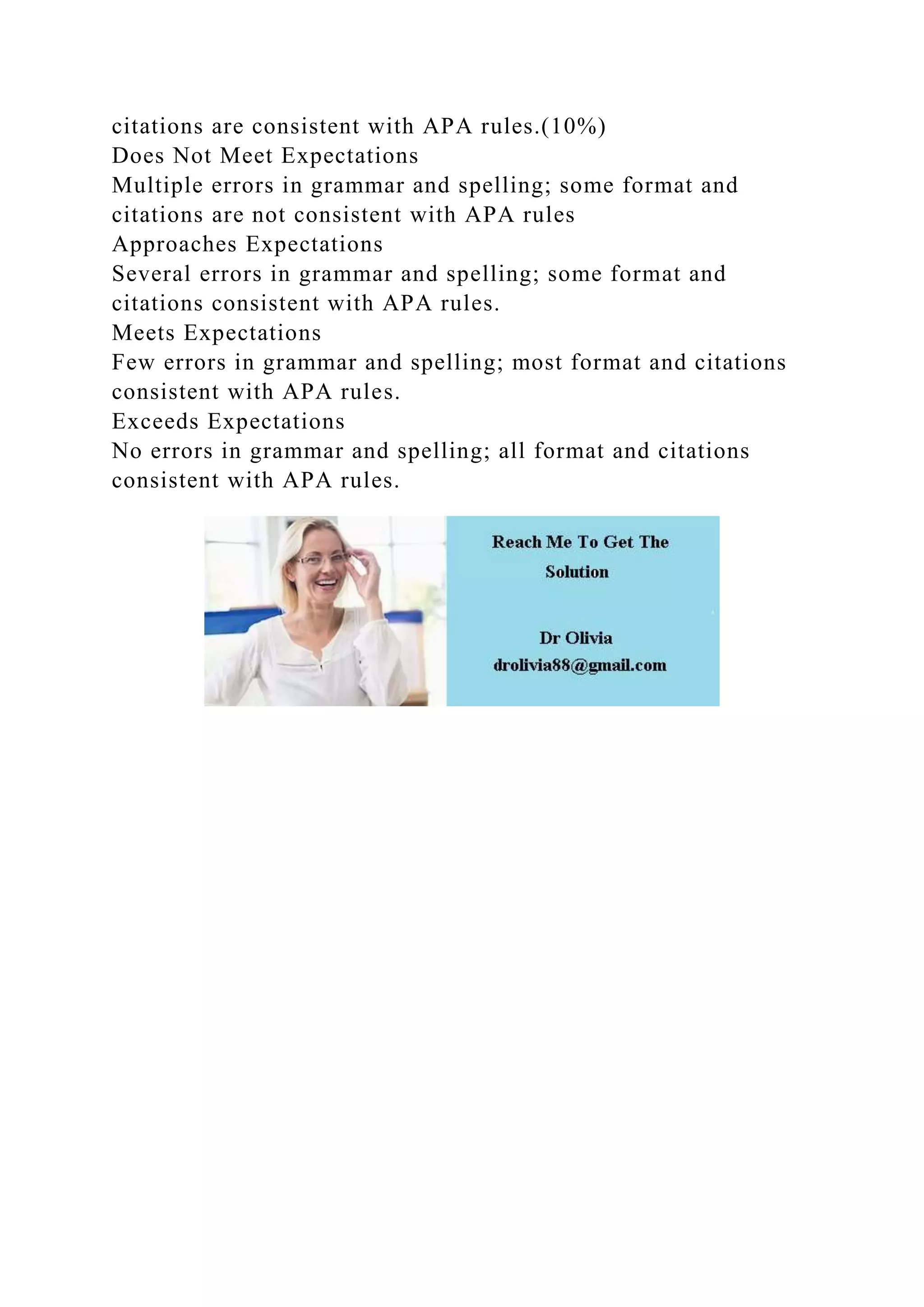 citations are consistent with APA rules.(10%)
Does Not Meet Expectations
Multiple errors in grammar and spelling; some format and
citations are not consistent with APA rules
Approaches Expectations
Several errors in grammar and spelling; some format and
citations consistent with APA rules.
Meets Expectations
Few errors in grammar and spelling; most format and citations
consistent with APA rules.
Exceeds Expectations
No errors in grammar and spelling; all format and citations
consistent with APA rules.
 