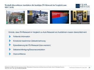 Weshalb überschätzen Autofahrer die benötigte ÖV-Reisezeit im Vergleich zum
MIV? (I/II)
FehrAdvice & Partners AG, April 2015 23Wittmann, M. (2009). The inner experience of time. Philosophical Transactions of the Royal Society of London. Series B, Biological Sciences,
364(1525), 1955–1967. doi:10.1098/rstb.2009.0003
Gründe, dass ÖV-Reisezeit im Vergleich zu Auto-Reisezeit von Autofahrern massiv überschätzt wird
Fehlende Information
Emotionen bestimmen Zeitwahrnehmung
Episodisierung der ÖV-Reisezeit (loss aversion)
Selbstrechtfertigung/Dissonanzreduktion
Overconfidence
 