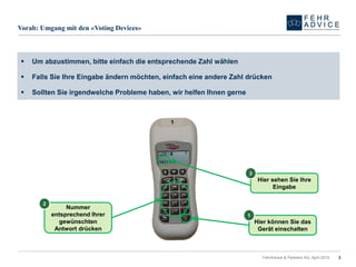 Vorab: Umgang mit den «Voting Devices»
Nummer
entsprechend Ihrer
gewünschten
Antwort drücken
2
Hier sehen Sie Ihre
Eingabe
3
 Um abzustimmen, bitte einfach die entsprechende Zahl wählen
 Falls Sie Ihre Eingabe ändern möchten, einfach eine andere Zahl drücken
 Sollten Sie irgendwelche Probleme haben, wir helfen Ihnen gerne
Hier können Sie das
Gerät einschalten
1
FehrAdvice & Partners AG, April 2015 3
 