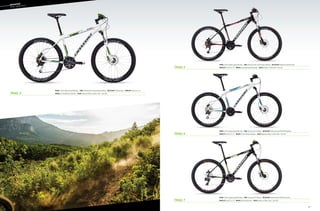 87
Frame: Trail 26, double-butted 6061 Alloy  Fork: SR Suntour XCT (100mm)  RD/FD/Shift: Shimano Altus/M190/EF51 Easyfire
Wheelset: Alex DC 5.0 / C4  Brakes: Tektro Novela cable  Color: Jet Black, w/ White, Green - Gloss (01)
Frame: Trail 26, double-butted 6061 Alloy  Fork: SR Suntour XCT (100mm)  RD/FD/Shift: Shimano Acera/M190/M310 Rapidfire 
Wheelset: Alex DC 5.0 / C4  Brakes: Promax Decipher Hydraulic  Color: Magnesium White, w/ Black, Blue - Gloss (01)
Frame: Trail 26, double-butted 6061 Alloy  Fork: SR Suntour XCM, remote lockout (100mm)  RD/FD/Shift: Shimano Acera/Altus/Altus 
Wheelset: Alex DC 4.0 / C4  Brakes: Cannondale Helix 6B hydraulic  Color: Jet Black, w/ White, Red - Gloss (01)
Frame: Trail 26, double-butted 6061 Alloy  Fork: SR Suntour XCR, remote lockout (100mm)  RD/FD/Shift: Shimano Alivio  Wheelset: Alex DC 4.0 / C4 
Brakes: Cannondale Helix 6 hydraulic  Color: Magnesium White, w/ Black, Green - Gloss (01)
Trail 7
Trail 6
Trail 5
Trail 4
––	MOUNTAIN
	trail
hardtails
 